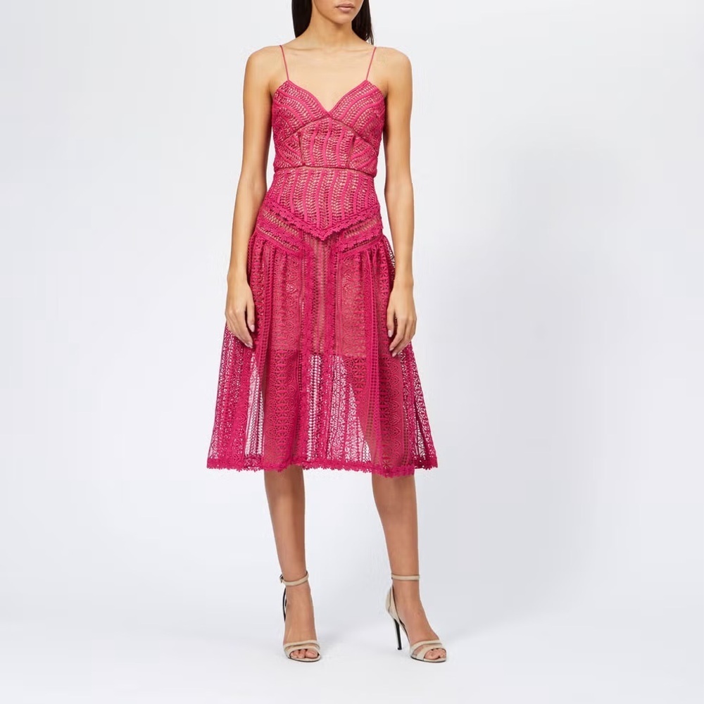 Self Portrait Fuchsia Spiral‎ Lace Panel Dress Eyelet Lace Midi Pink Sz 10